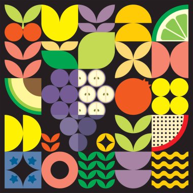 Geometrik yaz taze meyve kesimi renkli basit şekilli resim posteri. İskandinav tarzı düz, soyut vektör desenli tasarım. Siyah arkaplandaki mor üzümlerin minimalist çizimi.