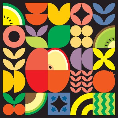 Geometrik yaz taze meyve kesimi renkli basit şekilli resim posteri. İskandinav tarzı düz, soyut vektör desenli tasarım. Siyah arkaplanda kırmızı bir elmanın minimalist çizimi.