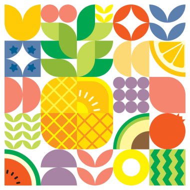 Geometrik yaz taze meyve kesimi renkli basit şekilli resim posteri. İskandinav tarzı düz, soyut vektör desenli tasarım. Beyaz arka planda olgun bir ananasın minimalist çizimi.