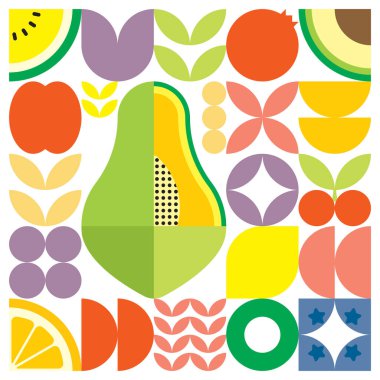 Geometrik yaz taze meyve kesimi renkli basit şekilli resim posteri. İskandinav tarzı düz, soyut vektör desenli tasarım. Beyaz arkaplanda yeşil bir papaya resmi.