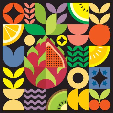 Geometrik yaz taze meyve resimleri posteri renkli basit şekillerle. İskandinav tarzı düz, soyut vektör desenli tasarım. Siyah arka planda kırmızı ejderha meyvesinin minimalist çizimi.