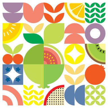 Geometrik yaz taze meyve kesimi renkli basit şekilli resim posteri. İskandinav tarzı düz, soyut vektör desenli tasarım. Beyaz arkaplanda kırmızı bir guavanın minimalist çizimi.