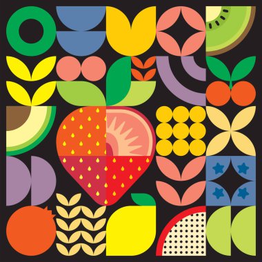 Geometrik yaz taze meyve kesimi renkli basit şekilli resim posteri. İskandinav tarzı düz, soyut vektör desenli tasarım. Siyah arkaplandaki kırmızı çileğin minimalist çizimi.