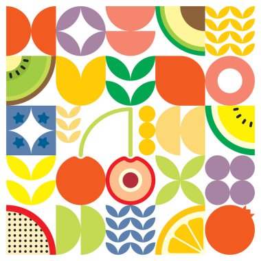 Geometrik yaz taze meyve kesimi renkli basit şekilli resim posteri. İskandinav tarzı düz, soyut vektör desenli tasarım. Beyaz arka planda kırmızı kirazın minimalist çizimi.