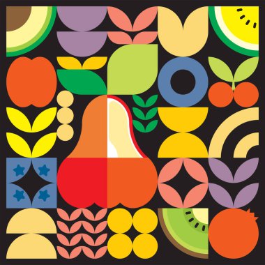 Geometrik yaz taze meyve kesimi renkli basit şekilli resim posteri. İskandinav tarzı düz, soyut vektör desenli tasarım. Siyah arkaplanda kırmızı su elmasının minimalist çizimi.