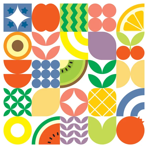 幾何学的な夏の新鮮なフルーツカットアートワークポスターカラフルなシンプルな形をしています 北欧風の平面抽象ベクトルパターンデザイン 果物や葉の白を背景にしたミニマルなイラスト — ストックベクタ
