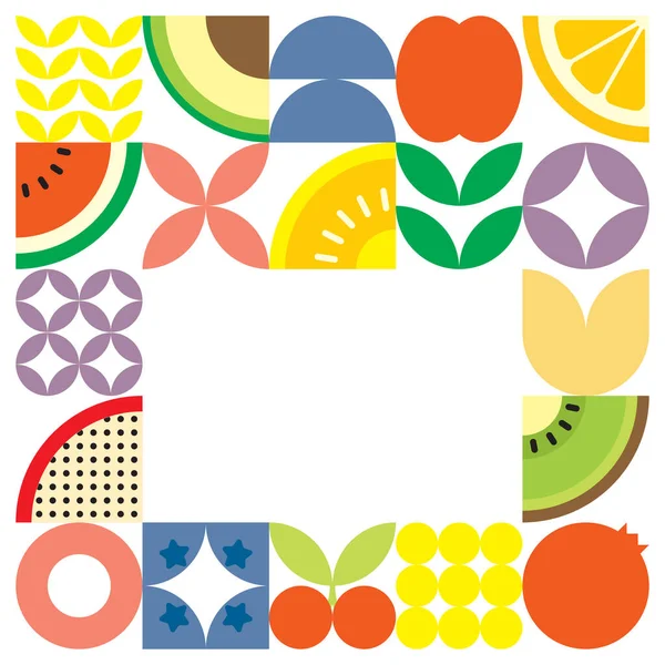 Geometrik yaz taze meyve kesimi renkli basit şekilli resim posteri. İskandinav stili düz vektör desenli tasarım. Beyaz arka planda meyve ve yaprakların minimalist illüstrasyonu.