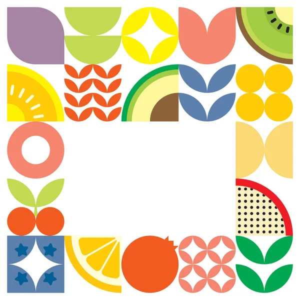 幾何学的な夏の新鮮なフルーツカットアートワークポスターカラフルなシンプルな形をしています 北欧風の平面抽象ベクトルパターンデザイン 果物や葉の白を背景にしたミニマルなイラスト — ストックベクタ