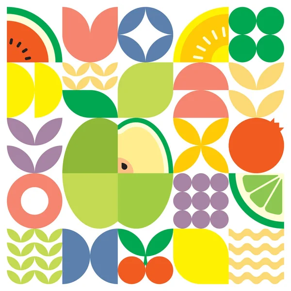 Geometrik yaz taze meyve kesimi renkli basit şekilli resim posteri. İskandinav tarzı düz, soyut vektör desenli tasarım. Beyaz arka planda yeşil bir elmanın minimalist çizimi.