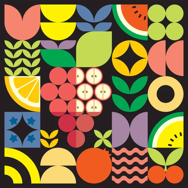 Geometrik yaz taze meyve kesimi renkli basit şekilli resim posteri. İskandinav tarzı düz, soyut vektör desenli tasarım. Siyah arkaplandaki kırmızı üzümlerin minimalist çizimi.