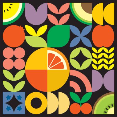 Geometrik yaz taze meyve kesimi renkli basit şekilli resim posteri. İskandinav tarzı düz, soyut vektör desenli tasarım. Siyah arka planda bir greyfurt yakutunun minimalist çizimi.