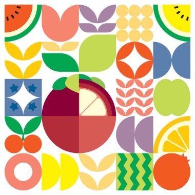 Geometrik yaz taze meyve kesimi renkli basit şekilli resim posteri. İskandinav tarzı düz, soyut vektör desenli tasarım. Beyaz arka planda bir mangosenın minimalist çizimi.