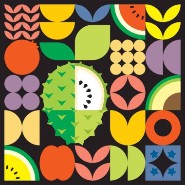 Geometrik yaz taze meyve kesimi renkli basit şekilli resim posteri. İskandinav tarzı düz, soyut vektör desenli tasarım. Siyah arkaplandaki bir kaynak örneğinin minimalist çizimi.