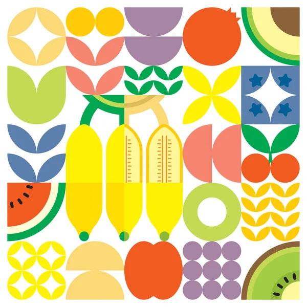 Geometrisk Sommar Färsk Frukt Skära Konstverk Affisch Med Färgglada Enkla — Stock vektor