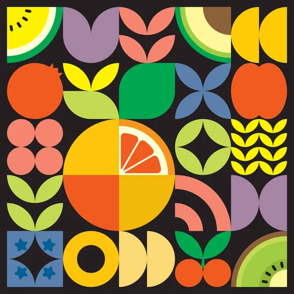 Geometrik yaz taze meyve kesimi renkli basit şekilli resim posteri. İskandinav tarzı düz, soyut vektör desenli tasarım. Siyah arka planda bir greyfurt yakutunun minimalist çizimi.