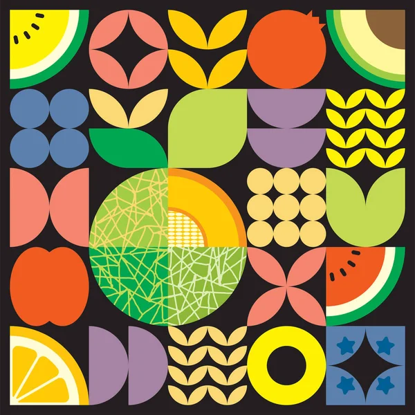 Geometrik yaz taze meyve resimleri posteri renkli basit şekillerle. İskandinav tarzı düz, soyut vektör desenli tasarım. Siyah arkaplandaki kavunun minimalist çizimi.