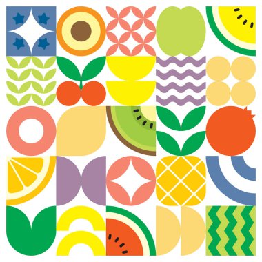 Geometrik yaz taze meyve kesimi renkli basit şekilli resim posteri. İskandinav stili düz vektör desenli tasarım. Beyaz arka planda meyve ve yaprakların minimalist illüstrasyonu.