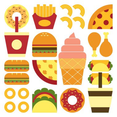 Düz minimalist geometrik fast food sembolü renkli basit şekilli resim posteri. Abur cubur ve içeceğin soyut vektör dizaynı. Hamburger, pizza, patates kızartması, soda, kahve ve dondurma..