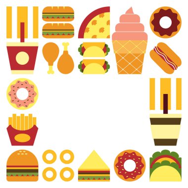 Düz minimalist geometrik fast food sembolü renkli basit şekilli resim posteri. Abur cubur ve içeceğin soyut vektör dizaynı. Hamburger, pizza, sandviç, gazoz, kahve ve dondurma..