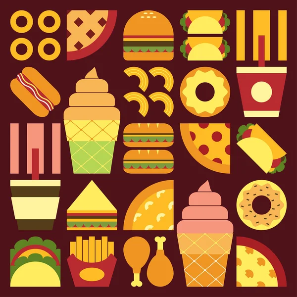 Düz minimalist geometrik fast food sembolü renkli basit şekilli resim posteri. Abur cubur ve içeceğin soyut vektör dizaynı. Hamburger, pizza, patates kızartması, soda, kahve ve dondurma..
