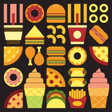Düz minimalist geometrik fast food sembolü renkli basit şekilli resim posteri. Abur cubur ve içeceğin soyut vektör dizaynı. Hamburger, pizza, sandviç, çörek, kahve ve dondurma..