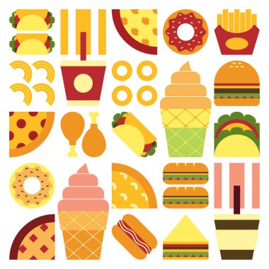 Düz minimalist geometrik fast food sembolü renkli basit şekilli resim posteri. Abur cubur ve içeceğin soyut vektör dizaynı. Hamburger, pizza, patates kızartması, soda, kahve ve dondurma..