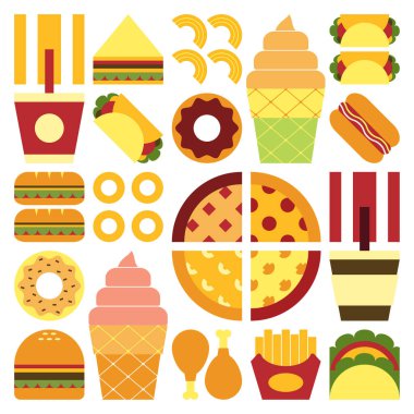 Düz minimalist geometrik fast food sembolü renkli basit şekilli resim posteri. Abur cubur ve içeceğin soyut vektör dizaynı. Hamburger, pizza, patates kızartması, soda, kahve ve dondurma..