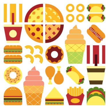 Düz minimalist geometrik fast food sembolü renkli basit şekilli resim posteri. Abur cubur ve içeceğin soyut vektör dizaynı. Hamburger, pizza, patates kızartması, soda, kahve ve dondurma..