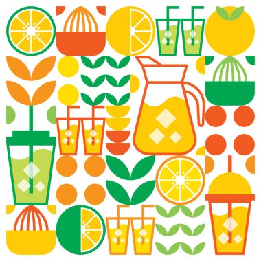 Limon, limon, limon, limon, yaprak ve diğer geometrik sembollerin basit düz çizimi. Taze portakal suyu, cam, sürahi, saman ve plastik bardaklı ikon..