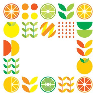 Turunçgillerdeki minimalist düz vektör çerçevesi. Portakalların, limonların, limonataların ve yaprakların basit geometrik çizimi. Beyaz arka planda soyut turuncu tasarım. Afişler ve afişler için iyidir..