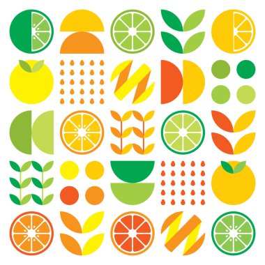 Turuncu meyve sembolünün soyut sanat eserleri. Basit vektör sanatı, renkli sitrusların, limonların, limonataların, limonataların ve yaprakların geometrik çizimi. Beyaz arkaplanda minimalist narenciye düz tasarımı.