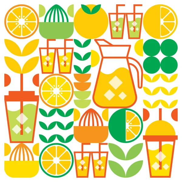 Limon, limon, limon, limon, yaprak ve diğer geometrik sembollerin basit düz çizimi. Taze portakal suyu, cam, sürahi, saman ve plastik bardaklı ikon..