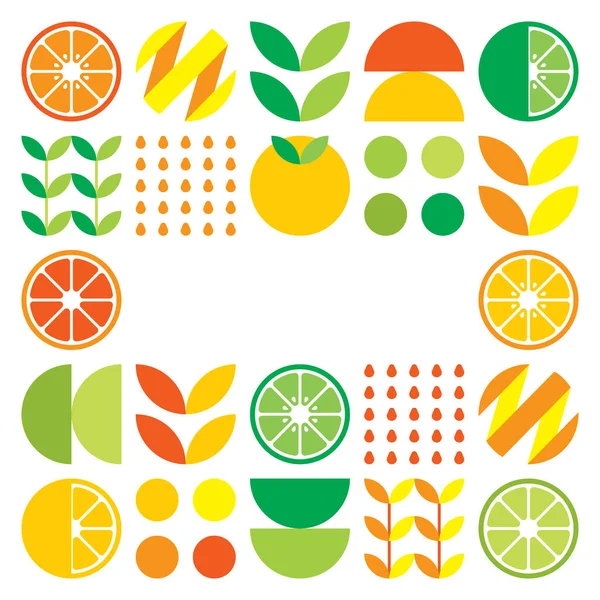 柑橘類のシンボルでミニマリズムフラットベクトルフレーム オレンジ レモン レモネード 葉のシンプルな幾何学的なイラスト 概要白を基調としたオレンジのデザイン ポスターやバナーに最適 — ストックベクタ