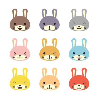 Tavşan yüz ifadelerinin çeşitli avatarları. Sevimli yavru hayvan kafa vektör çizimi. Mutlu gülümseyen hayvan çizgi film yüz ifadelerinin basit düz tasarımı. Renkli, beyaz arkaplan.