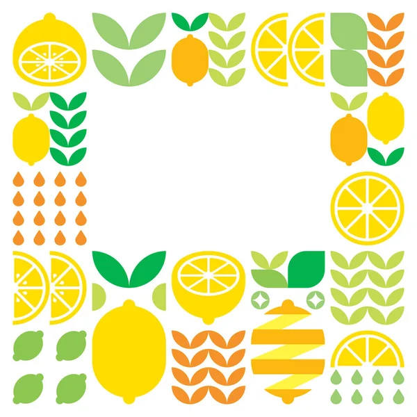 ミニマリストフラットベクトルフレーム レモンフルーツアイコンのシンボル 柑橘類 オレンジ レモネード 葉のシンプルな幾何学的なイラスト 黒を基調とした抽象的なデザイン コピースペース ソーシャルメディア投稿の場合 — ストックベクタ
