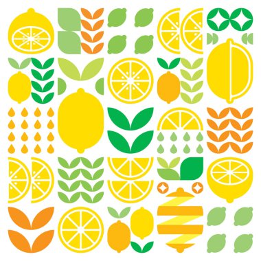 Limon meyvesi simgesinin soyut sanat eserleri. Basit vektör sanatı, renkli sitrusların, portakalların, limonataların, limonataların ve yaprakların geometrik çizimi. Beyaz arkaplanda minimalist düz modern tasarım.