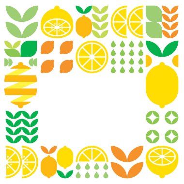 Minimalist düz vektör çerçevesi, limon meyve simgesi. Turunçgil, portakal, limonata ve yaprakların basit geometrik çizimi. Siyah arka planda soyut tasarım. Kopyalama alanı için sosyal medya gönderileri.