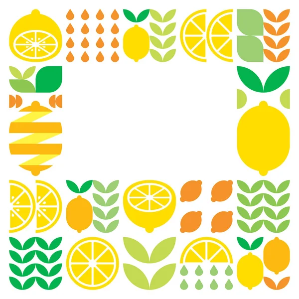 ミニマリストフラットベクトルフレーム レモンフルーツアイコンのシンボル 柑橘類 オレンジ レモネード 葉のシンプルな幾何学的なイラスト 黒を基調とした抽象的なデザイン コピースペース ソーシャルメディア投稿の場合 — ストックベクタ