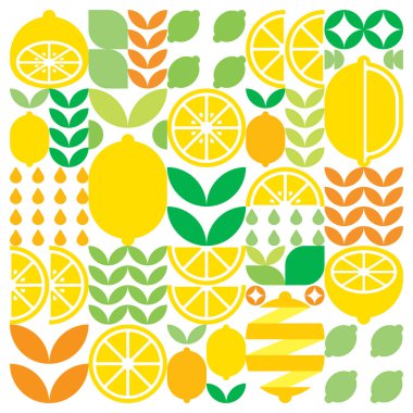 Limon meyvesi simgesinin soyut sanat eserleri. Basit vektör sanatı, renkli sitrusların, portakalların, limonataların, limonataların ve yaprakların geometrik çizimi. Beyaz arkaplanda minimalist düz modern tasarım.