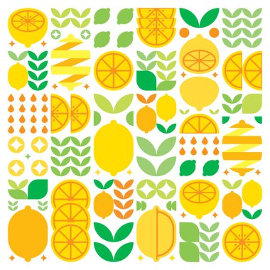 Limon meyvesi simgesinin soyut sanat eserleri. Basit vektör sanatı, renkli sitrusların, portakalların, limonataların, limonataların ve yaprakların geometrik çizimi. Beyaz arkaplanda minimalist düz modern tasarım.