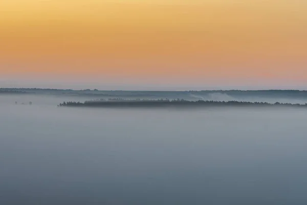 Bozkırda ve nehirde sisli bir sabah. Siste şafak.