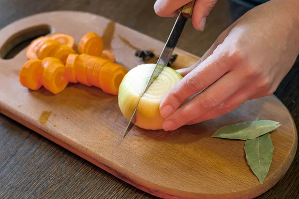 Sebze çorbası ya da salata pişirmek için sebze dilimlemek..