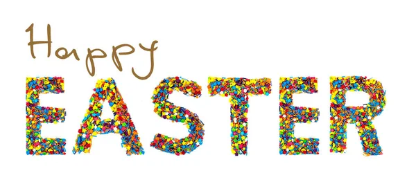 Üç farklı arkaplanda mutlu paskalyalar yazan bir kartpostal..