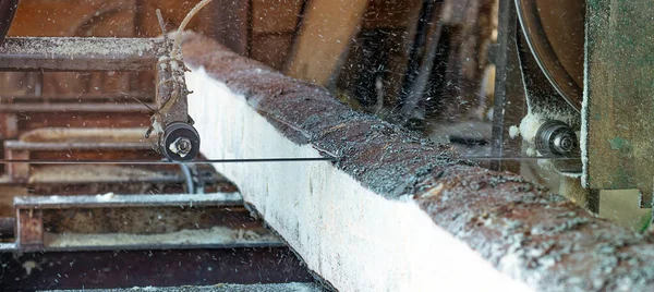 Ahşap işçiliği için bant bıçkıhanesi. Kereste fabrikasında odun kesiyorum. Kereste atölyesinde odun kesiyorum..