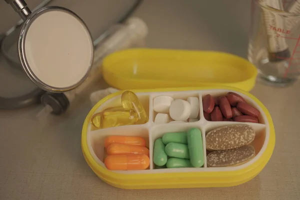 Medical: Picture of  the pill storage box for home use and medical equipment, close-up.