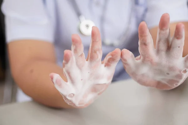 Medical: Image showing foam hand washing, close-up.