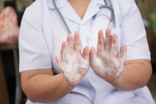 Medical: Image showing foam hand washing, close-up.