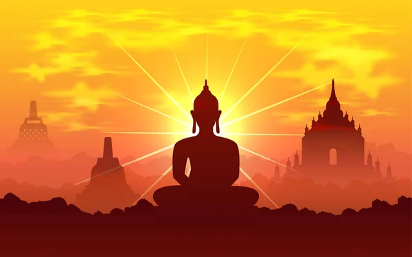 Tapınak Parlak Lord Buddha Siluetiyle Vesak Günü Arka Plan Vektör — Stok Vektör
