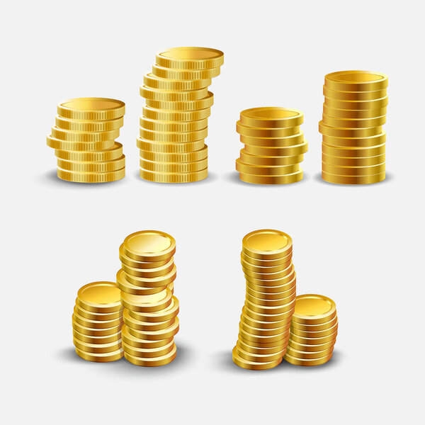 Collection of gold coins vector illustration isolated on white background. Set of gold coins cartoon vector illustration. Shinny Gold coins design vector illustration