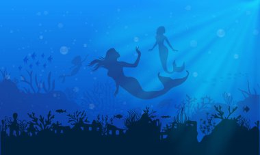 Mavi deniz kızı manzara siluetleri üzerinde. Okul balığı ve resifli deniz kızı silueti..